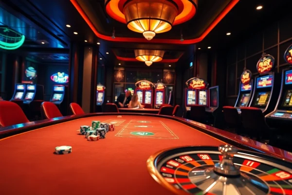 IWIN68 players enjoy thrilling poker action at a luxurious casino table with vibrant chips and a roulette wheel.