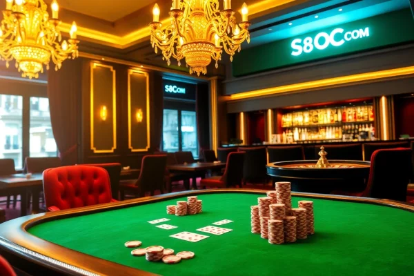 Experience the thrilling atmosphere of S8OK COM at a luxurious casino poker table filled with vibrant action.