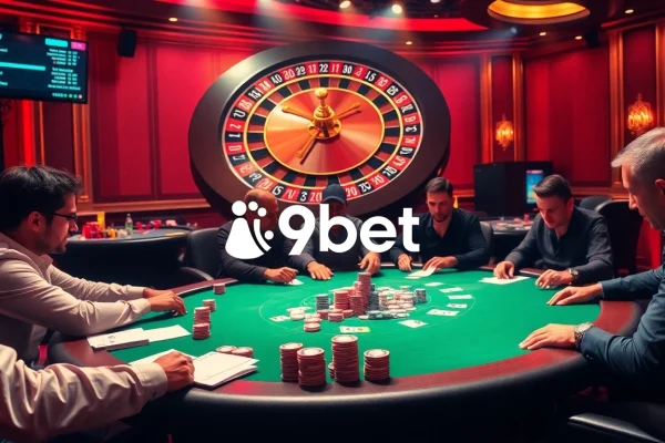 i9bet players strategizing at a poker table in a vibrant casino atmosphere