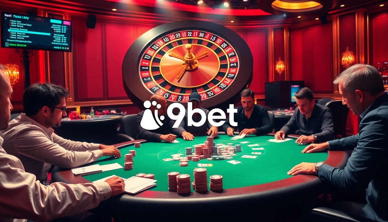 i9bet players strategizing at a poker table in a vibrant casino atmosphere