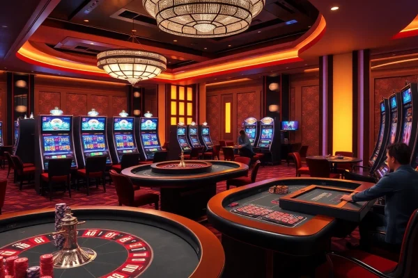 Jeu captivant dans un luxueux casino en cryptomonnaie avec des tables de poker et des machines à sous éclairées.