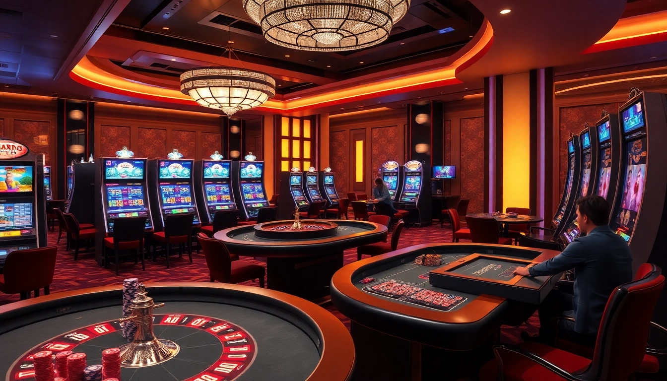 Jeu captivant dans un luxueux casino en cryptomonnaie avec des tables de poker et des machines à sous éclairées.
