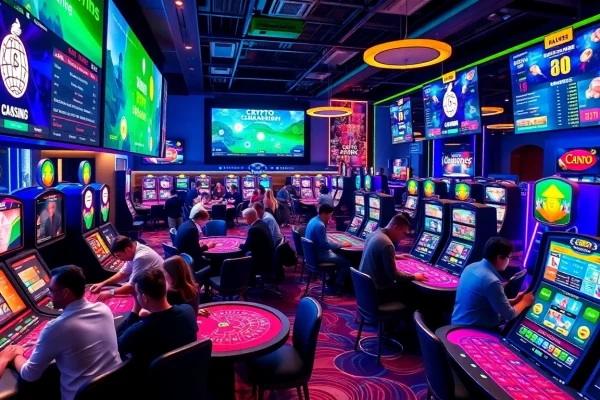 Casino crypto animé avec joueurs enthousiastes et lumières vIVES.