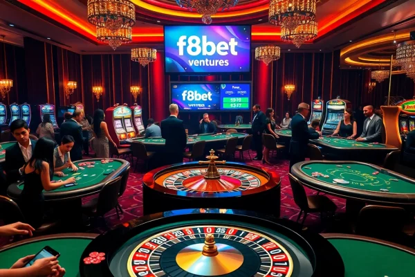 An exciting casino scene at https://f8bet.ventures/ featuring a vibrant roulette table with eager gamblers and colorful chips.