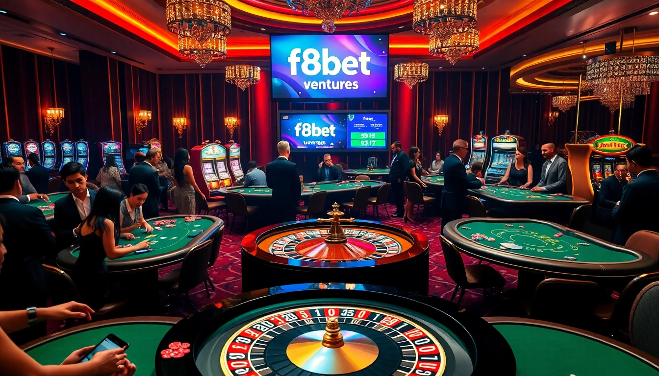 An exciting casino scene at https://f8bet.ventures/ featuring a vibrant roulette table with eager gamblers and colorful chips.