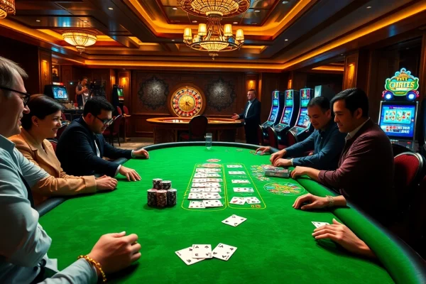 Gambling enthusiasts playing poker at a luxurious table reflecting qq88 com's vibrant atmosphere.