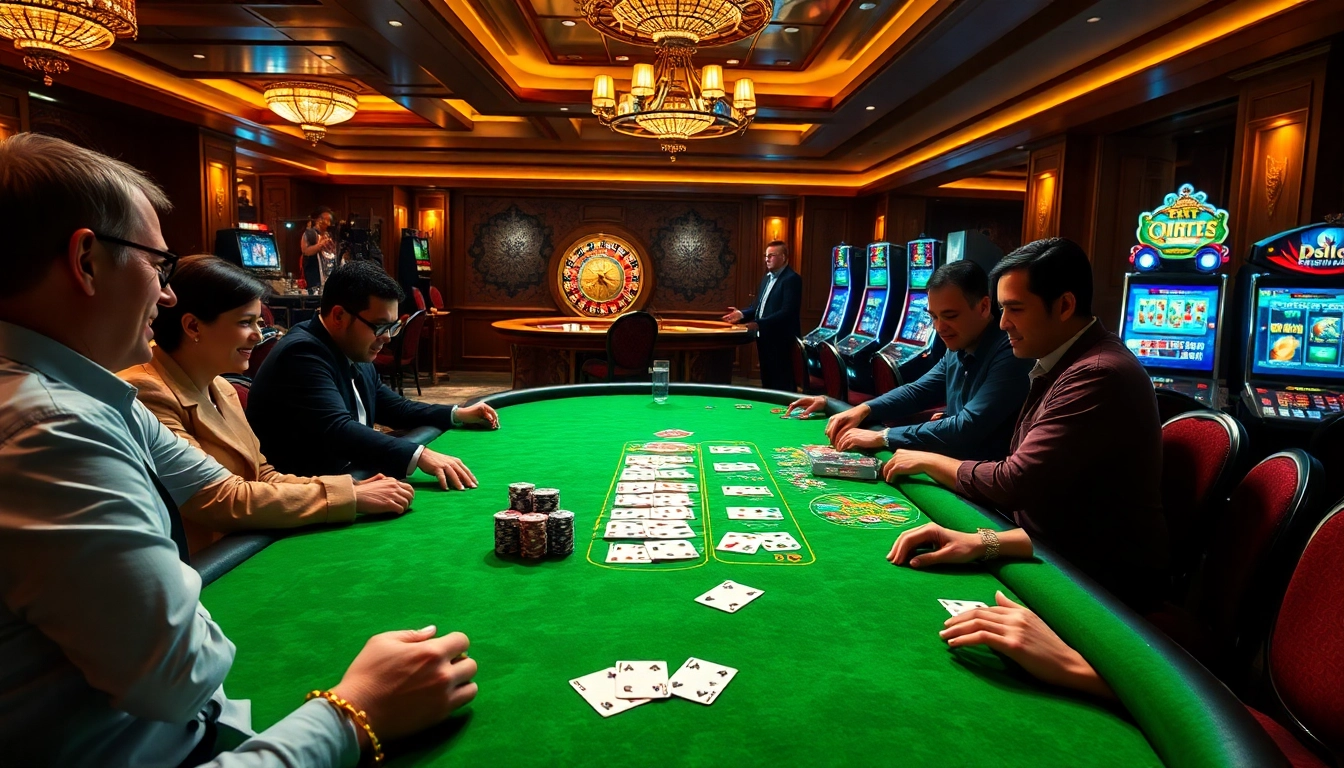 Gambling enthusiasts playing poker at a luxurious table reflecting qq88 com's vibrant atmosphere.