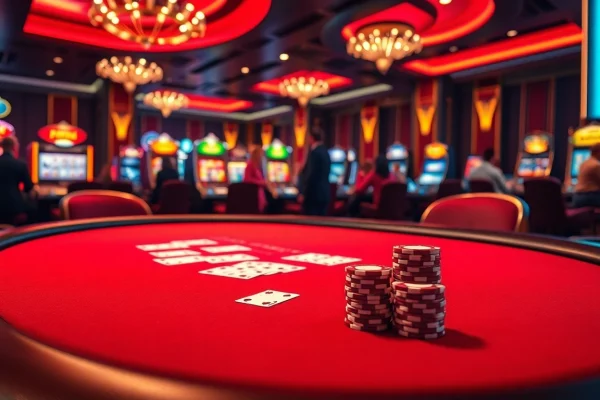 Experience the excitement of ev88 with a luxurious poker table surrounded by thrilling casino elements.