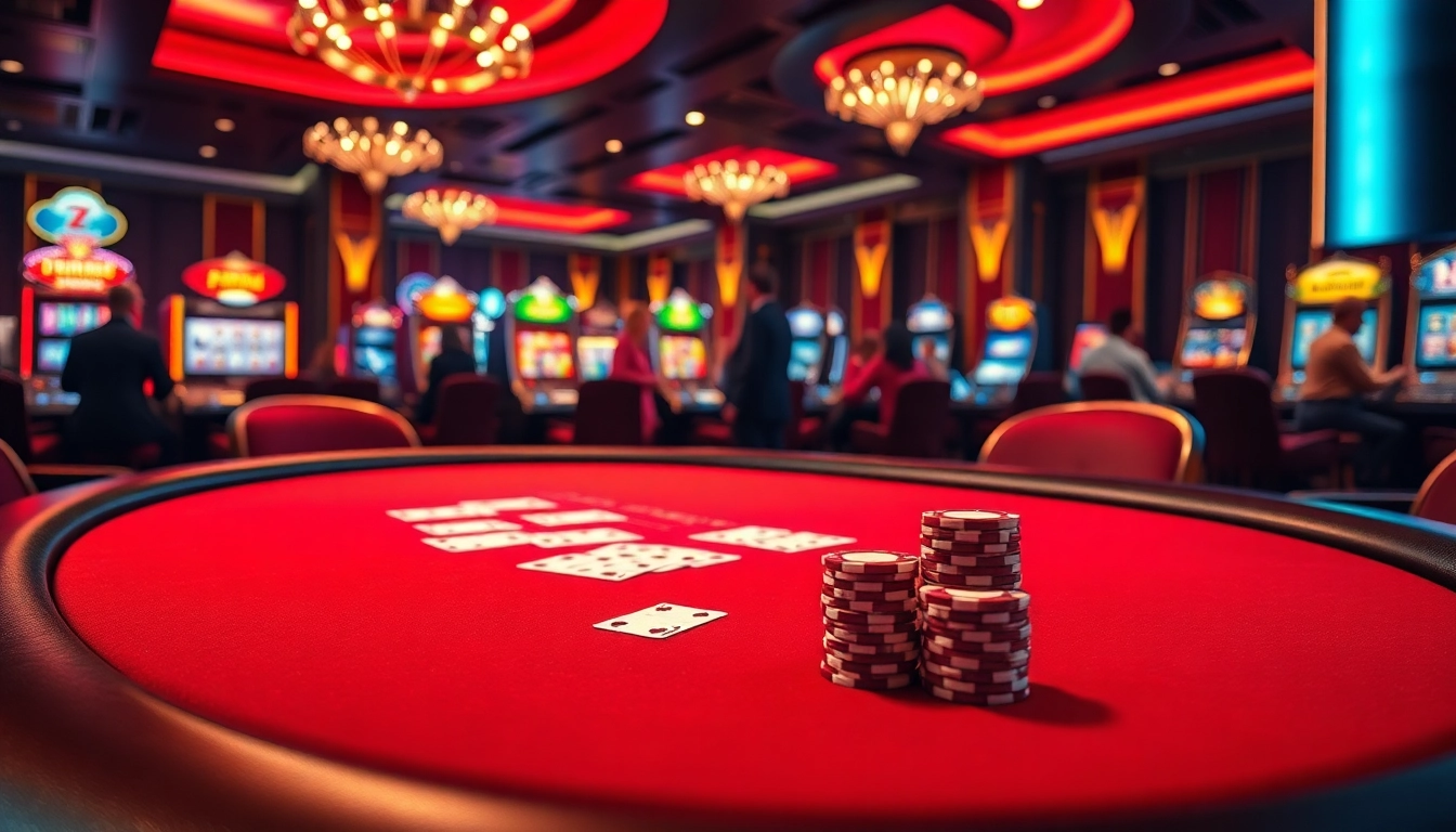 Experience the excitement of ev88 with a luxurious poker table surrounded by thrilling casino elements.