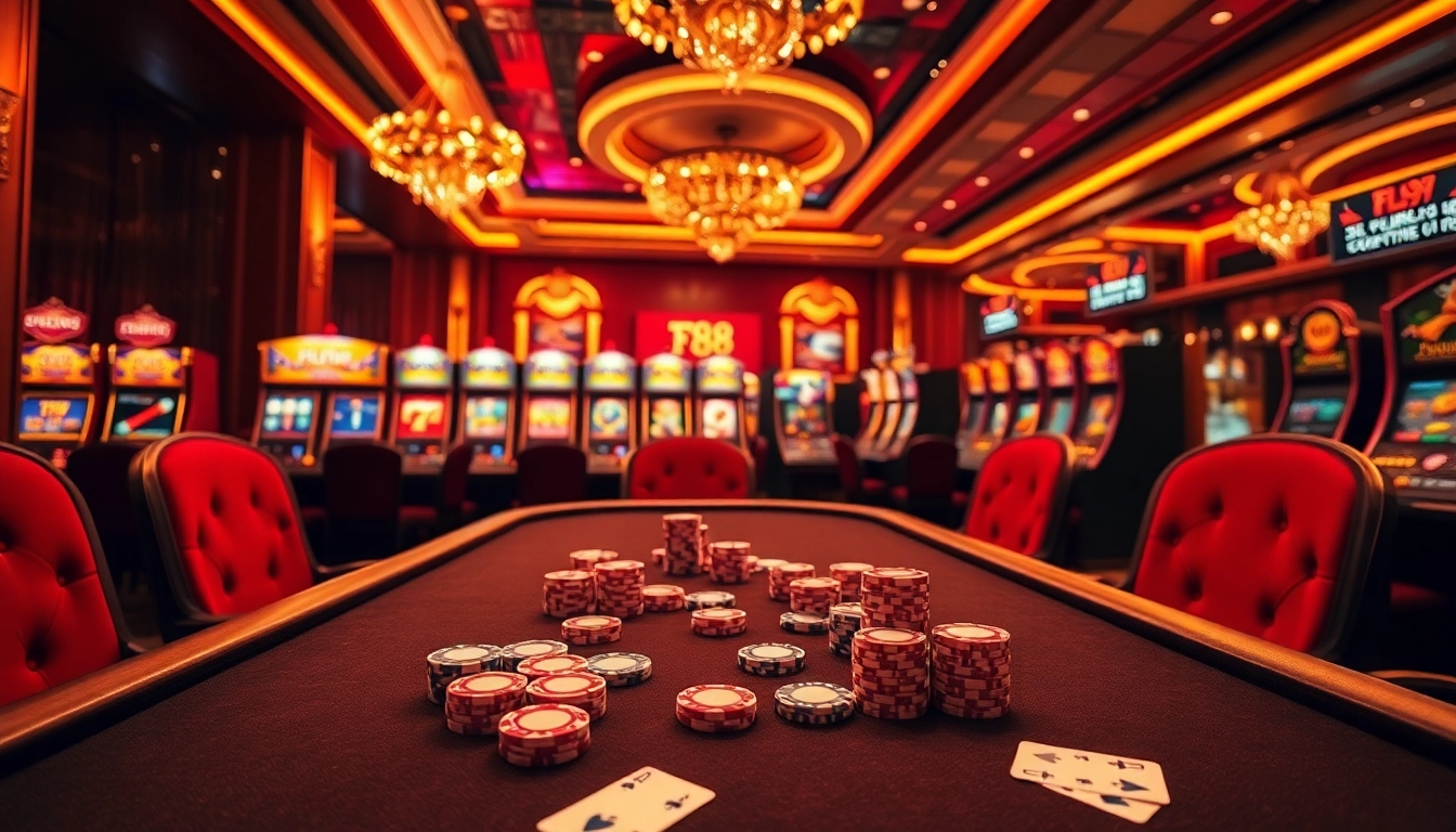 Experience high-stakes gambling at FLY88, featuring luxurious poker and slot games in a vibrant casino.