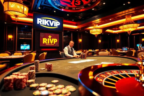 Experience the thrill of gambling at RIKVIP with exciting poker tables and vibrant casino elements.