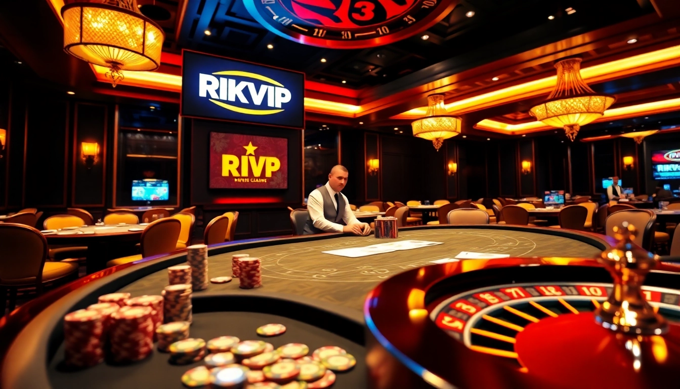 Experience the thrill of gambling at RIKVIP with exciting poker tables and vibrant casino elements.
