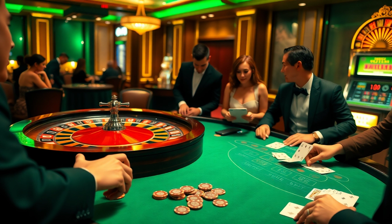 Exciting casino scene at https://ev88vip1.cn.com/ featuring roulette, blackjack, and engaged players.