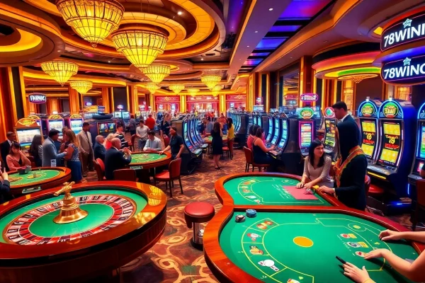 A thrilling casino scene featuring players at 78WINCOM tables, showcasing excitement and luxury.