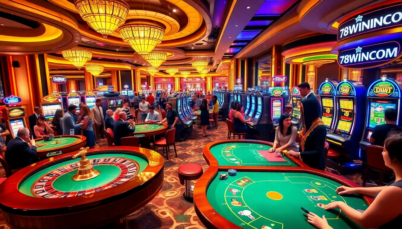 A thrilling casino scene featuring players at 78WINCOM tables, showcasing excitement and luxury.