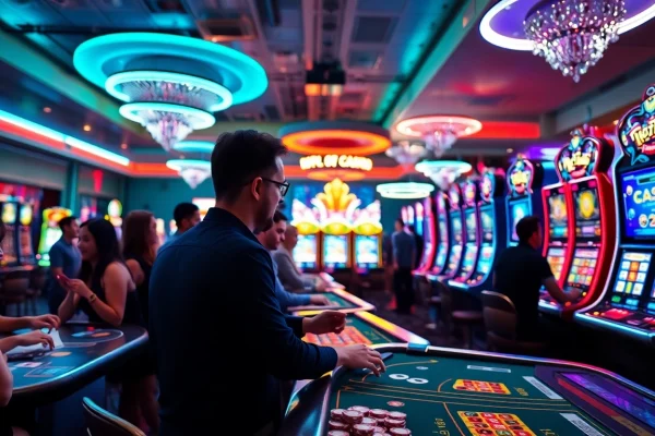 Jouer aux jeux de casino en ligne dans un cadre dynamique et lumineux avec des machines à sous et des tables de jeu.