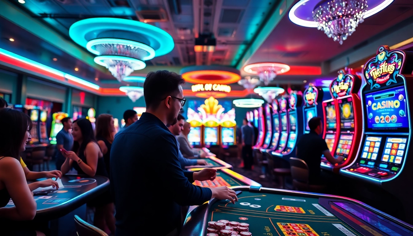 Jouer aux jeux de casino en ligne dans un cadre dynamique et lumineux avec des machines à sous et des tables de jeu.