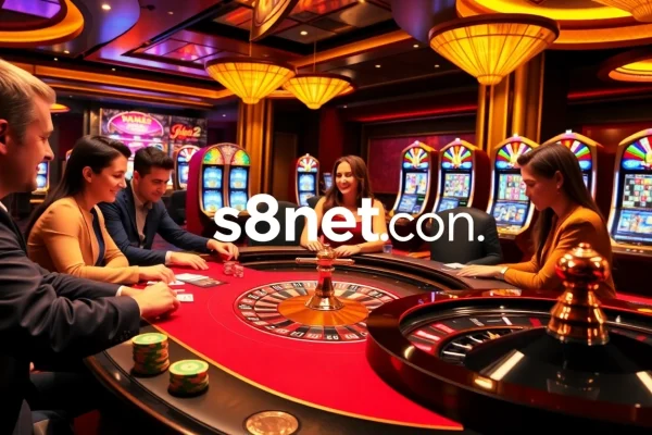 Experience high-stakes excitement at s8net.com with players engaging at a luxurious poker table.