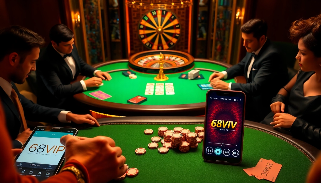 Engaged players at a poker table showcasing the excitement of https://68vip.co/ in a luxurious casino setting.
