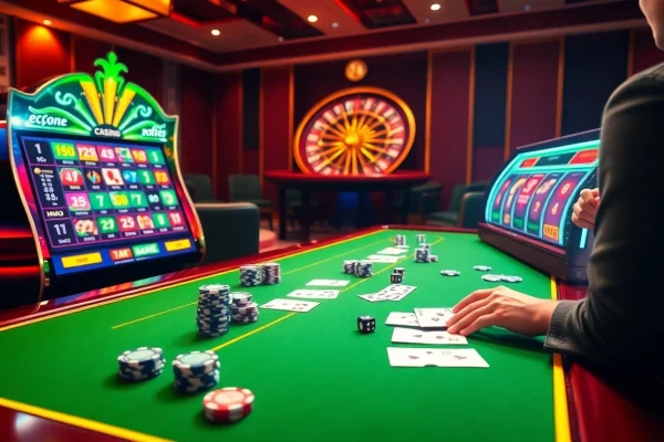 Experience the thrill of online gaming at 8kbet.com with vibrant casino scenes featuring tables, chips, and slots.