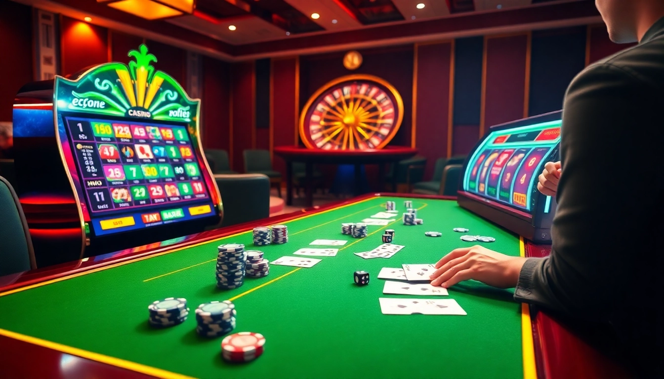 Experience the thrill of online gaming at 8kbet.com with vibrant casino scenes featuring tables, chips, and slots.