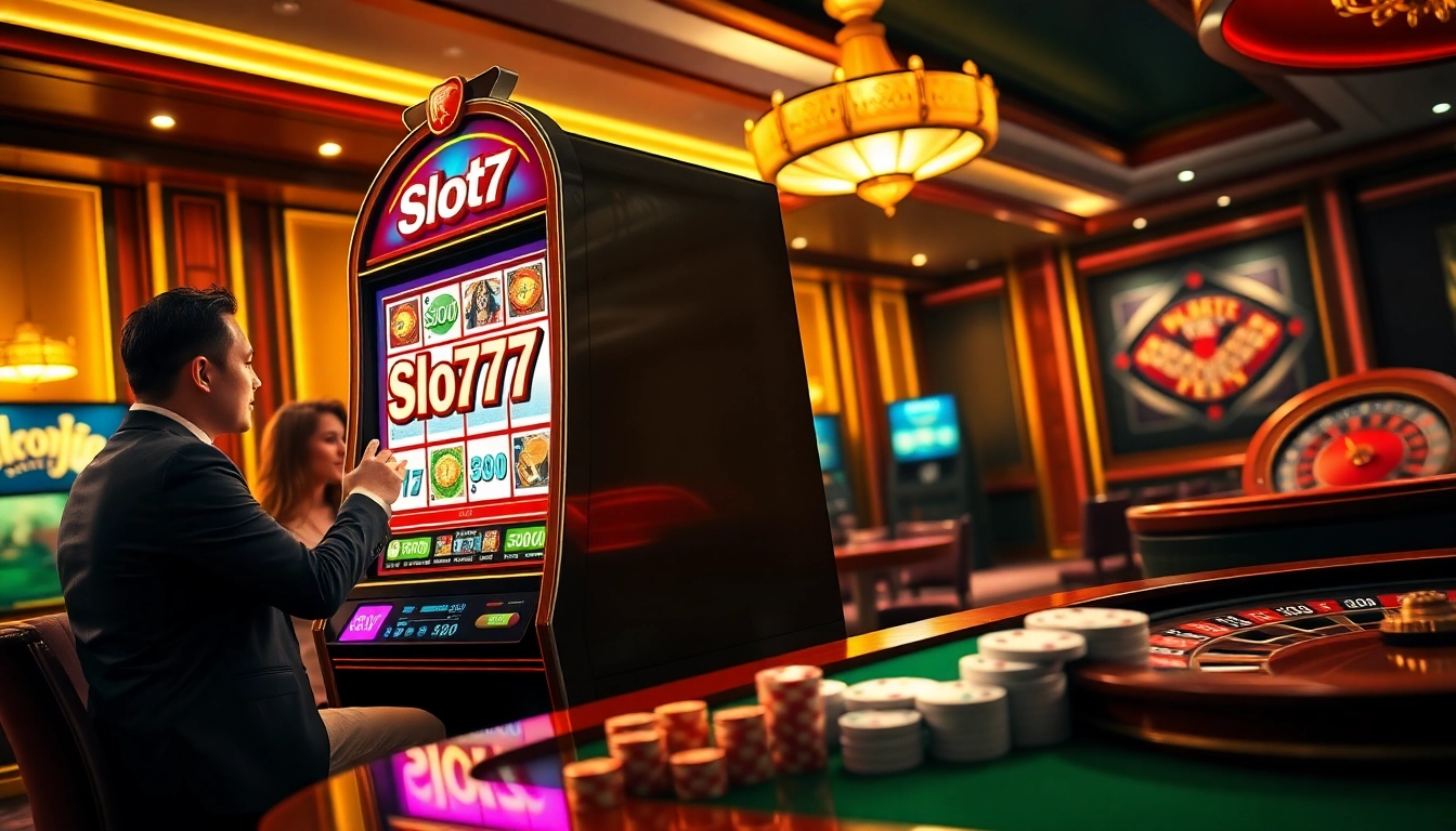 Enjoy thrilling Slot777 gameplay in an exciting, luxurious casino environment filled with vibrant slot machines.
