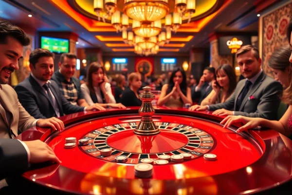 Intense players enjoying a KJC themed casino experience at a vibrant roulette table.