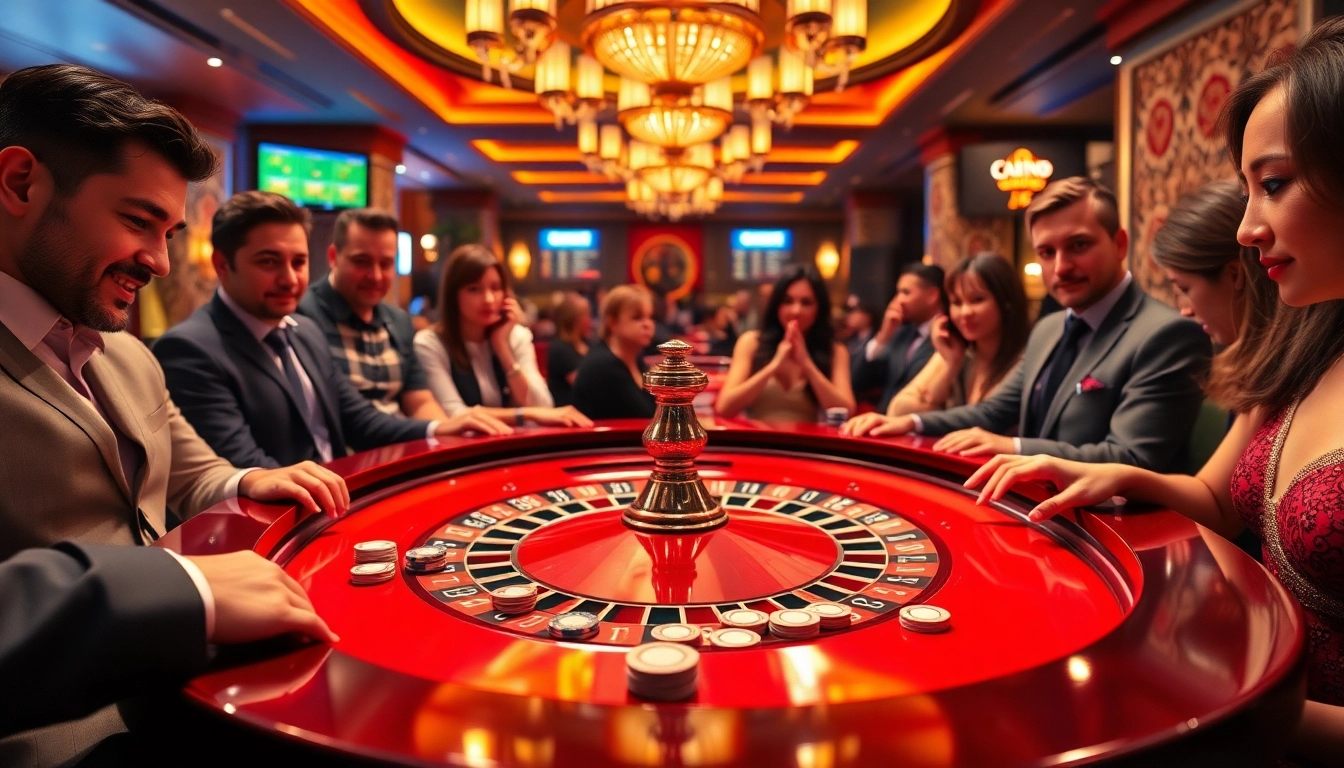 Intense players enjoying a KJC themed casino experience at a vibrant roulette table.