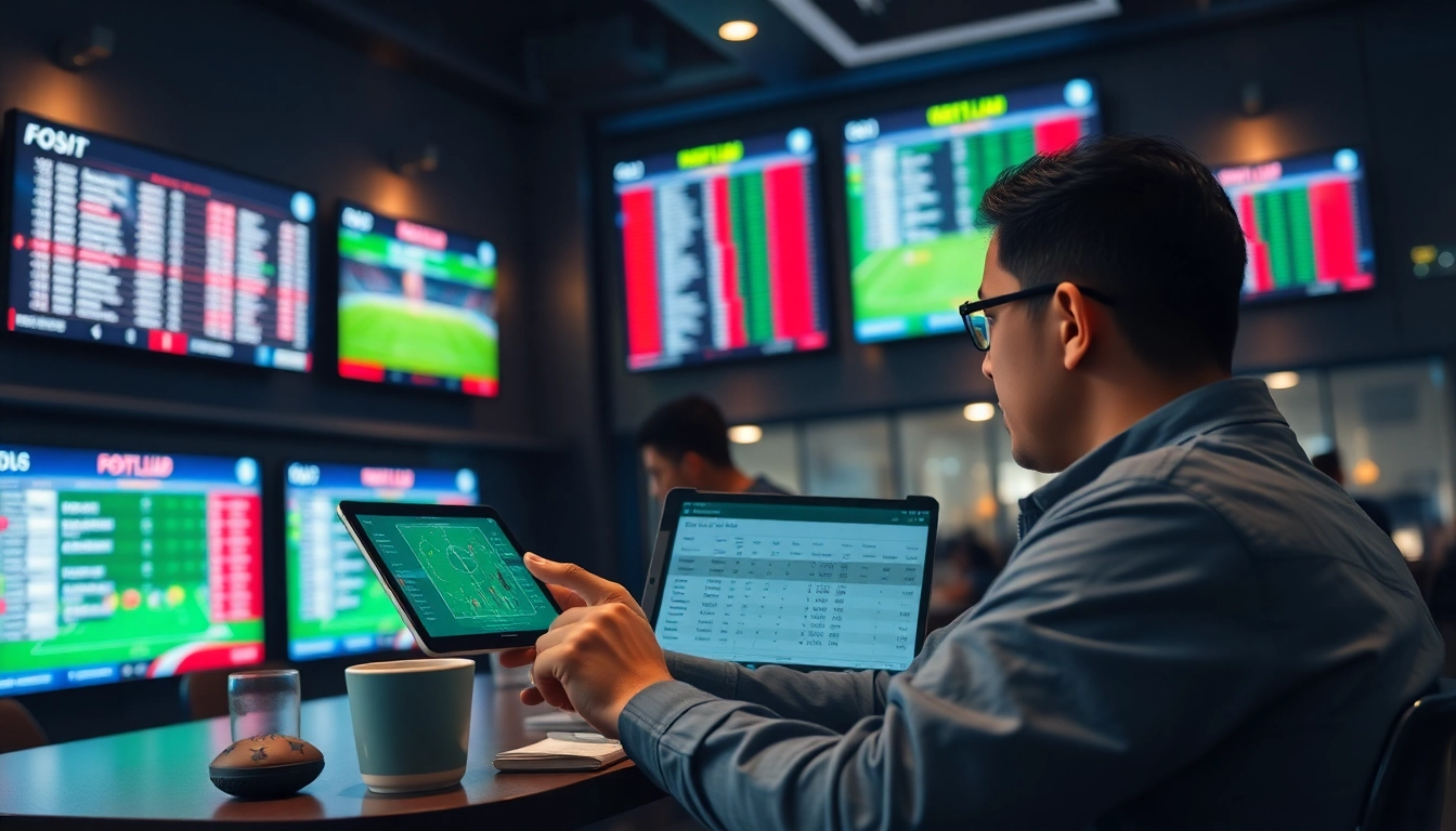 Enthusiast analyzing kèo nhà cái in a modern sports lounge with live odds on screens.