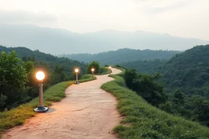 Des jalons marquant le chemin d'une réussite dans un paysage verdoyant, encourageant la progression.