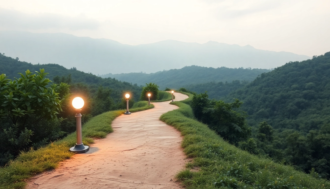 Des jalons marquant le chemin d'une réussite dans un paysage verdoyant, encourageant la progression.