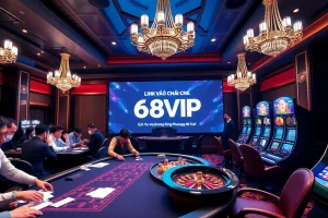 Exciting casino scene showcasing Link Vào Nhà Cái 68VIP at a glamorous gaming table.
