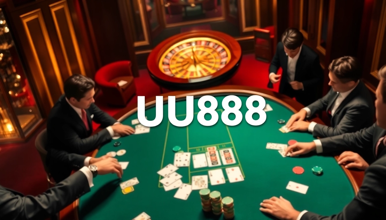 Play poker at UU88's luxurious casino table filled with colorful chips and cards.
