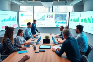 A szociális média menedzsment csapat munka közben modern irodában, digitális eszközökkel és statisztikákkal.