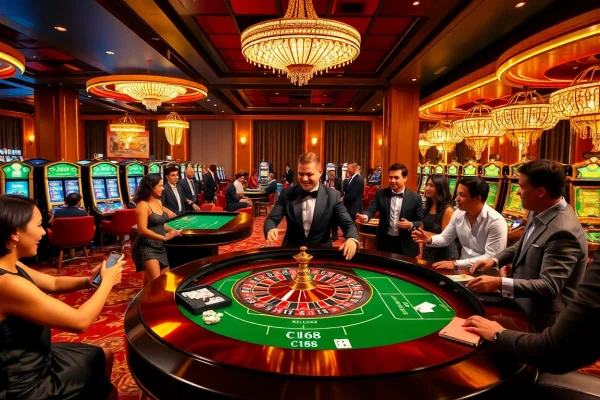 C168 gaming excitement at a luxury casino with players at the roulette table.