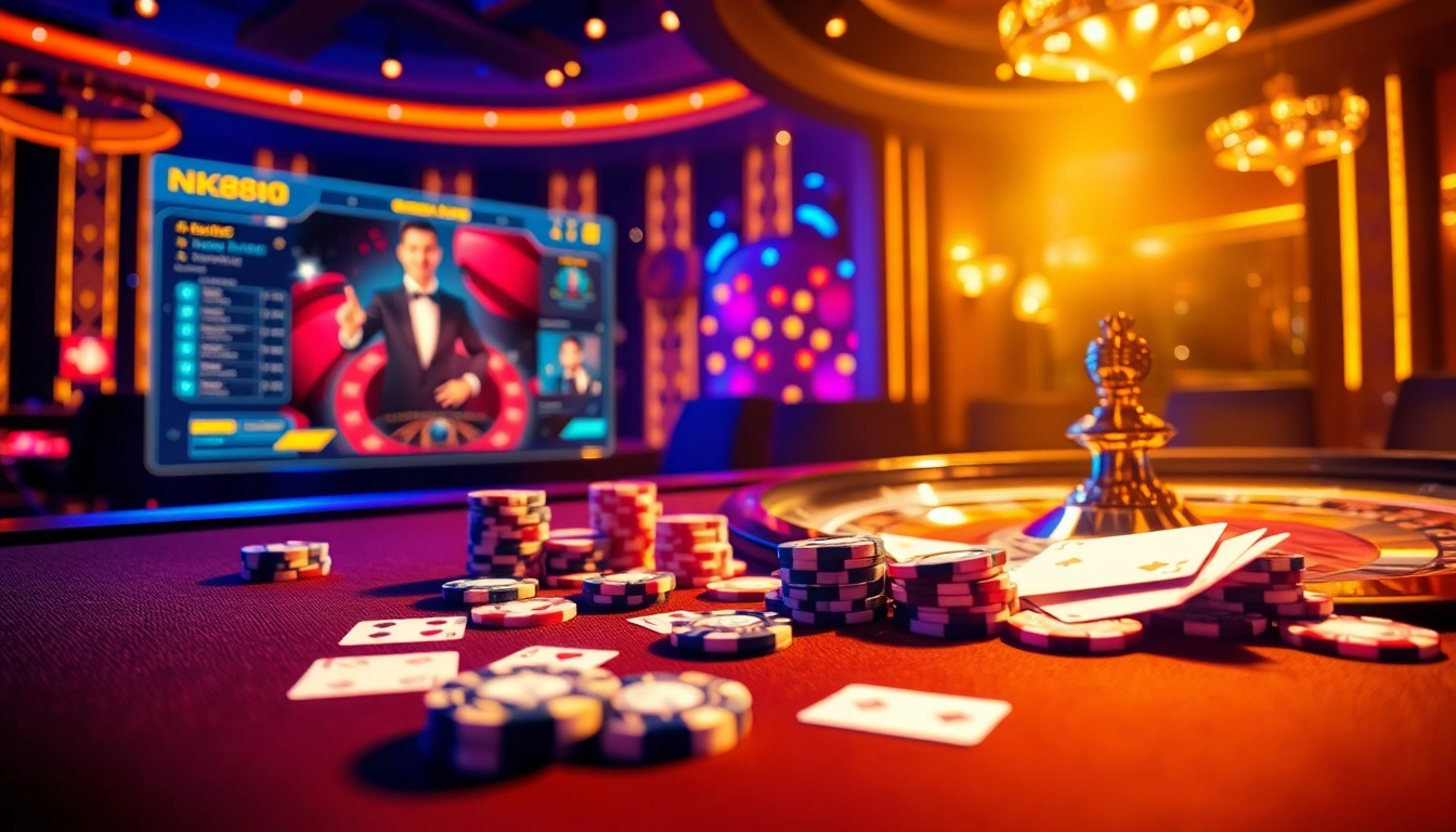 Thrilling NK88 online casino scene with poker chips and a roulette wheel.