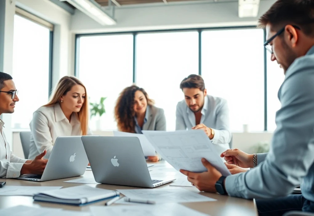 Agence de branding discutant de stratégies créatives dans un bureau moderne.