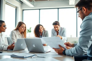 Agence de branding discutant de stratégies créatives dans un bureau moderne.
