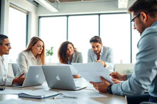 Agence de branding discutant de stratégies créatives dans un bureau moderne.