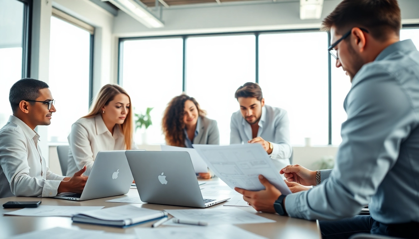 Agence de branding discutant de stratégies créatives dans un bureau moderne.