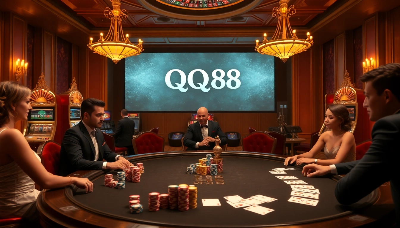 Engaging poker action at a luxurious QQ88 casino featuring vibrant chips and glamorous decor.