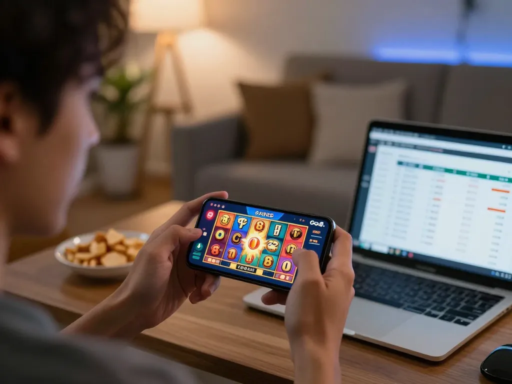 Engaging with Khuyến mãi go8 while playing online slots on a smartphone in a cozy setting.