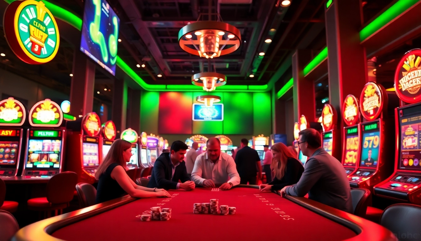 Joueurs concentrés à une table de poker dans un casino en ligne animé.