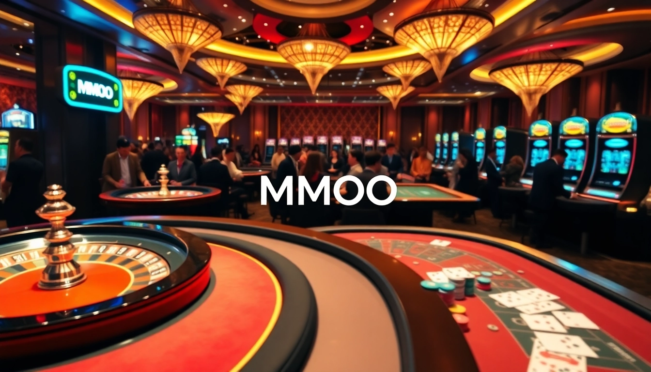 MMOO players enjoying a luxurious casino experience with roulette tables and poker games.