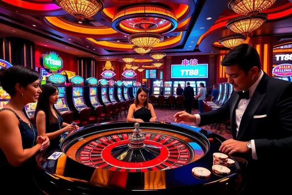 Experience the excitement at TT88 casino with vibrant slot machines and eager players at the roulette table.