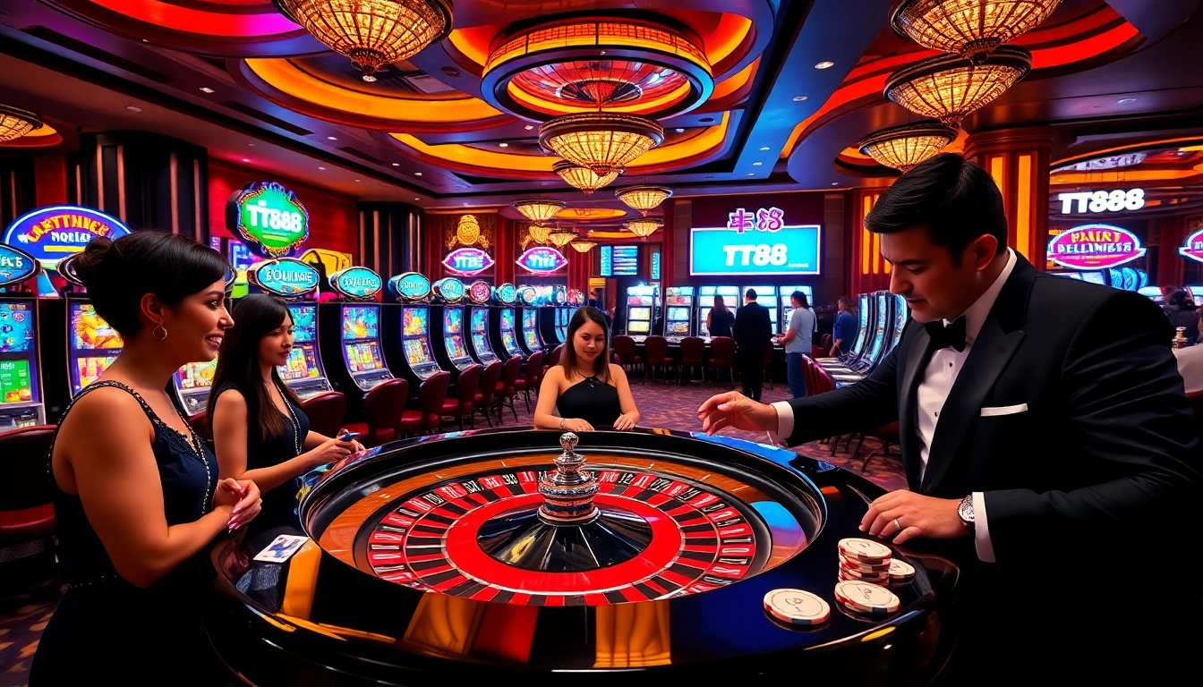 Experience the excitement at TT88 casino with vibrant slot machines and eager players at the roulette table.
