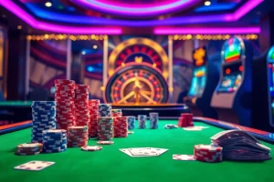 Engage in thrilling gameplay at https://8kbetbh.com/ with vibrant casino visuals featuring poker chips and a roulette wheel.