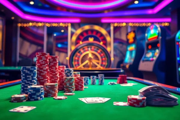 Engage in thrilling gameplay at https://8kbetbh.com/ with vibrant casino visuals featuring poker chips and a roulette wheel.