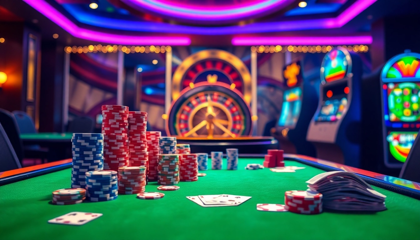 Engage in thrilling gameplay at https://8kbetbh.com/ with vibrant casino visuals featuring poker chips and a roulette wheel.