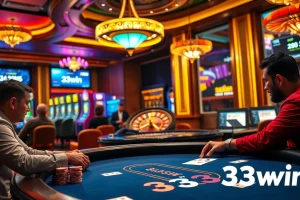 Intense poker action at a 33win casino table with chips, beautiful lighting, and a roulette wheel.